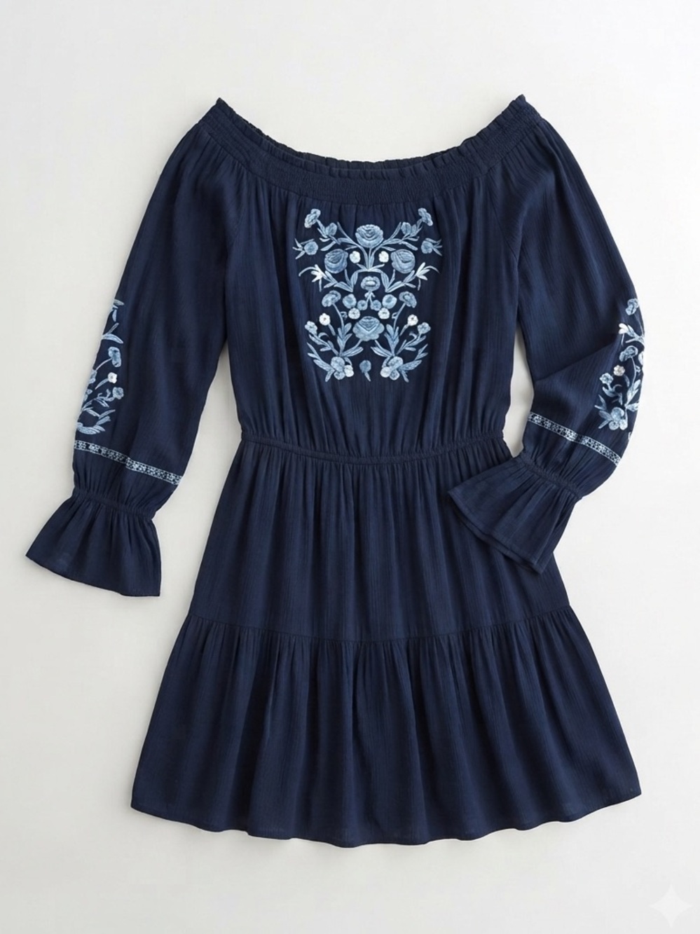Hollister Co. Embroidered Boho Navy Blue Off-the-shoulder Dress M